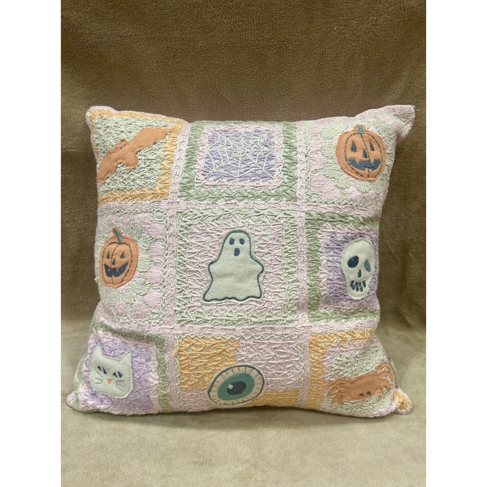 London Kaye Halloween Crocheted Patchwork Decorative Accent Pillow Spooky Boho